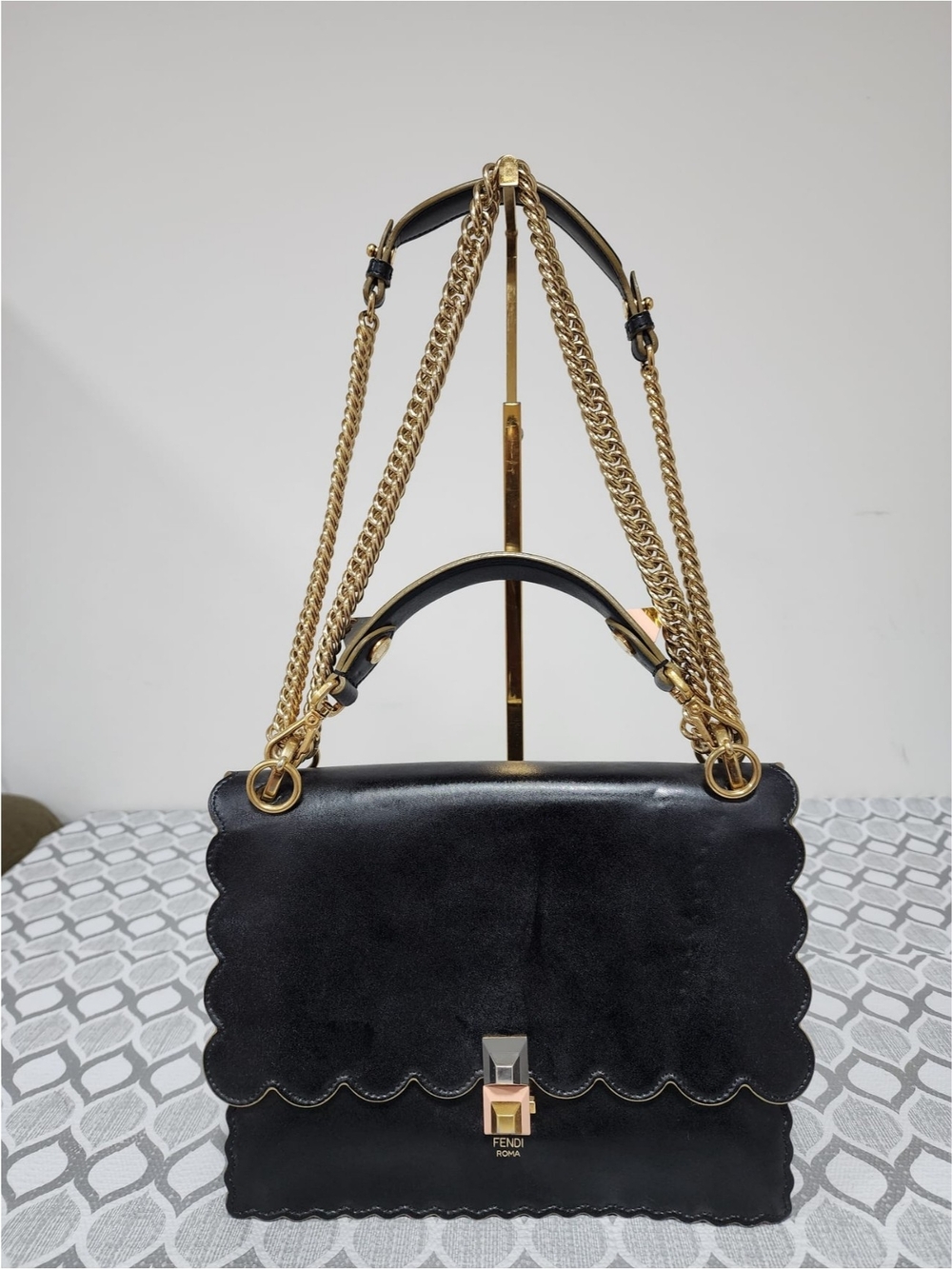 FENDI Vitello Liberty Scalloped Studded Kan I Shoulder Bag Black